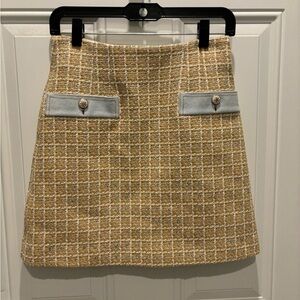 $523 Sandro Women Beige Tweed High Waist Metallic A-Line Mini Short Skirt Size 1
